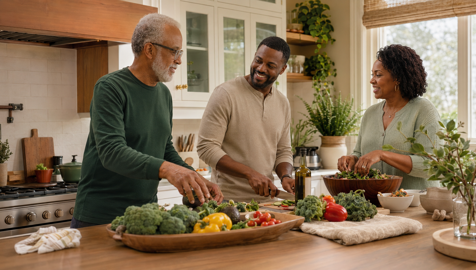 Three family members preparing fresh vegetables together in a sunny kitchen